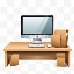 一张带有电脑显示器和键盘的木桌
