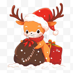 圣诞节礼物袋子图片_圣诞节小鹿元素送礼物卡通手绘