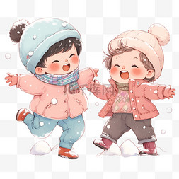 穿着棉服图片_冬天可爱孩子卡通手绘打雪仗元素