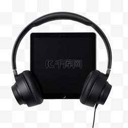 耳机耳机照片图片_黑色iPad和有线耳机的平铺照片