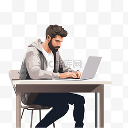 一名男子坐在桌子旁，使用笔记本
