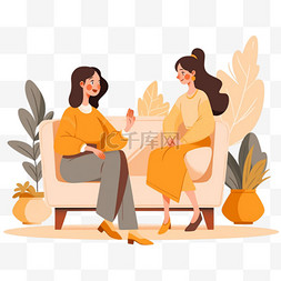 白色沙发png图片_卡通感恩节母女坐在沙发上聊天手