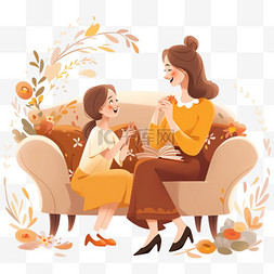 感恩节母女坐在沙发上聊天卡通元