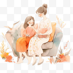 沙发上的母女图片_感恩节元素母女坐在沙发上聊天卡