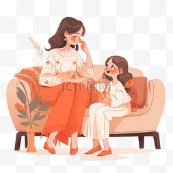 手绘卡通母女图片_卡通手绘感恩节母女坐在沙发上聊