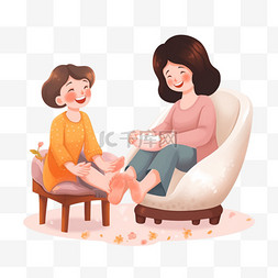 手绘卡通母女图片_感恩节母女坐在沙发上聊天卡通手