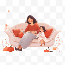 感恩节卡通手绘母女坐在沙发上聊