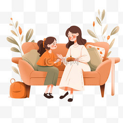 元素感恩节母女坐在沙发上聊天卡