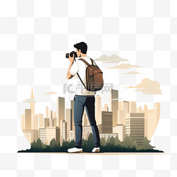一名男子在一座城市拍照