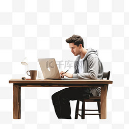 一名男子坐在桌子旁，使用笔记本