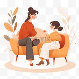 手绘感恩节母女坐在沙发上聊天卡