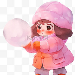 淡粉色粉色图片_冬天手绘元素可爱女孩拿雪球卡通