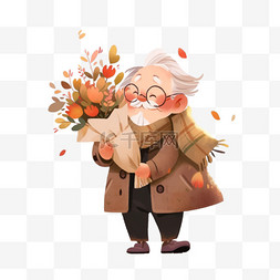 手绘卡通献花图片_感恩节手绘元素老人抱着献花卡通
