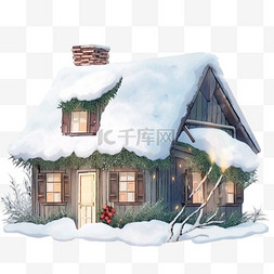 冬天植物手绘图片_圣诞屋下雪手绘免抠冬天元素