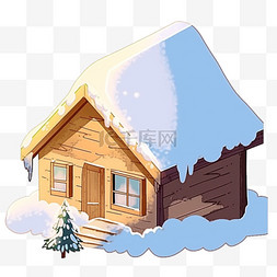 小木屋下雪手绘免抠元素冬天
