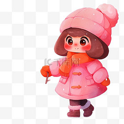 淡粉色粉色图片_冬天可爱女孩拿雪球卡通元素手绘