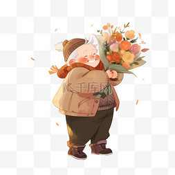 老人表情图片_感恩节老人抱着献花手绘卡通元素