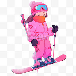 冬天紫色图片_冬天穿着滑雪服元素女孩卡通手绘