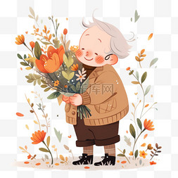 开心老人卡通图片_手绘感恩节老人抱着献花卡通元素