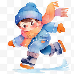卡其色配色图片_冬天卡通手绘男孩滑冰元素