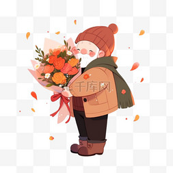感恩节卡通老人抱着献花手绘元素
