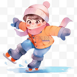 男孩冬天滑冰卡通手绘元素