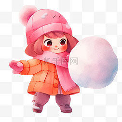 大眼睛粉色图片_冬天可爱女孩拿雪球卡通手绘元素