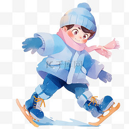 蓝色的手套图片_冬天男孩卡通滑冰手绘元素