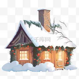 手绘免抠冬天小木屋下雪元素