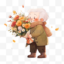 老人抱着献花卡通感恩节手绘元素