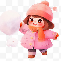 手绘卡通粉色帽子图片_冬天可爱女孩拿雪球手绘卡通元素