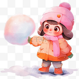 可爱女孩拿雪球卡通手绘元素冬天