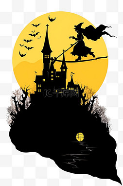 巫女骑扫帚图片_万圣节巫女城堡卡通手绘元素