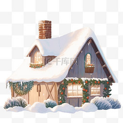 冬天手绘免抠小木屋下雪元素