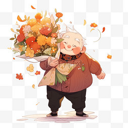 感恩节元素图片_感恩节老人抱着献花卡通手绘元素