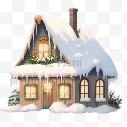 圣诞屋下雪手绘冬天免抠元素