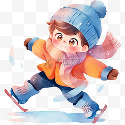 橙色配色图片_卡通手绘冬天男孩滑冰卡通