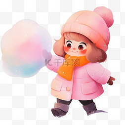 冬天卡通手绘可爱女孩拿雪球元素