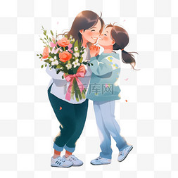 母女拥抱图片_感恩节卡通母女献花手绘元素
