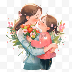 感恩节母女图片_卡通手绘感恩节母女献花元素