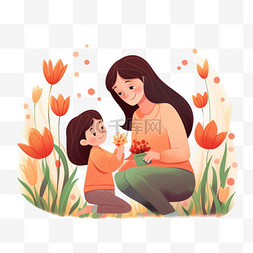 卡通手绘母女图片_卡通感恩节母女献花手绘元素