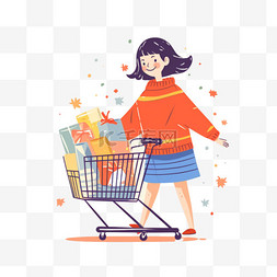 卡通欢呼的的女人图片_女人推着购物车简约卡通元素购物