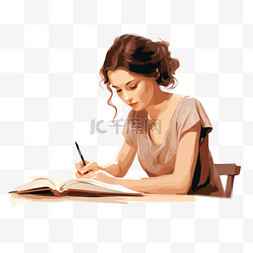一位女士坐在桌子旁，在笔记本上
