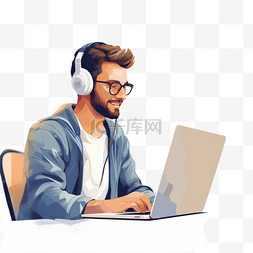 坐在电脑前的人图片_戴着耳机坐在电脑前的人