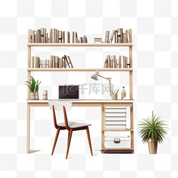 一间有桌子、椅子和书架的房间