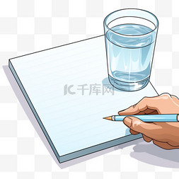 写字的人图片_在一杯水旁边的记事本上写字的人