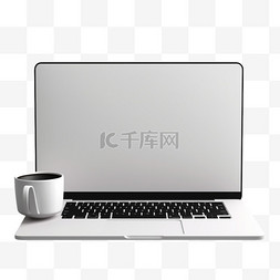笔记本电脑白色图片_桌子上白色陶瓷杯旁的黑色笔记本