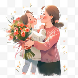 拿鲜花的图片_感恩节手绘母女献花卡通元素