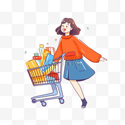 拎着购物袋的图片_简约女人推着购物车购物卡通元素
