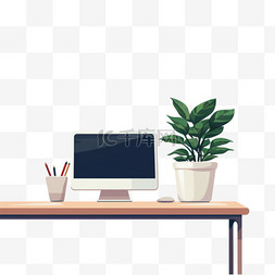 一张带电脑和盆栽的桌子